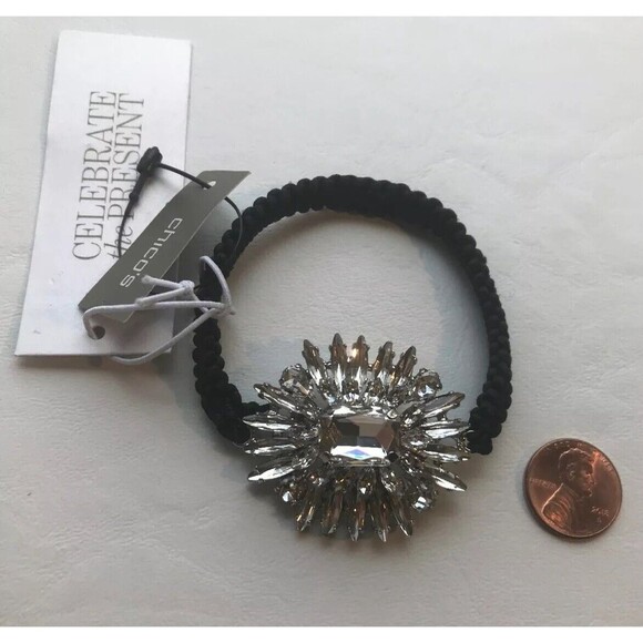 CHICO'S Starburst Rhinestone Crystal & Black Stretch Band Bracelet NEW - Picture 1 of 9